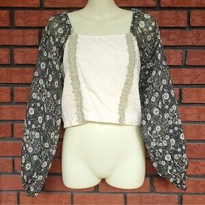 Anthropologie Forever That Girl Smocked Balloon Sleeve Top XS Floral Green